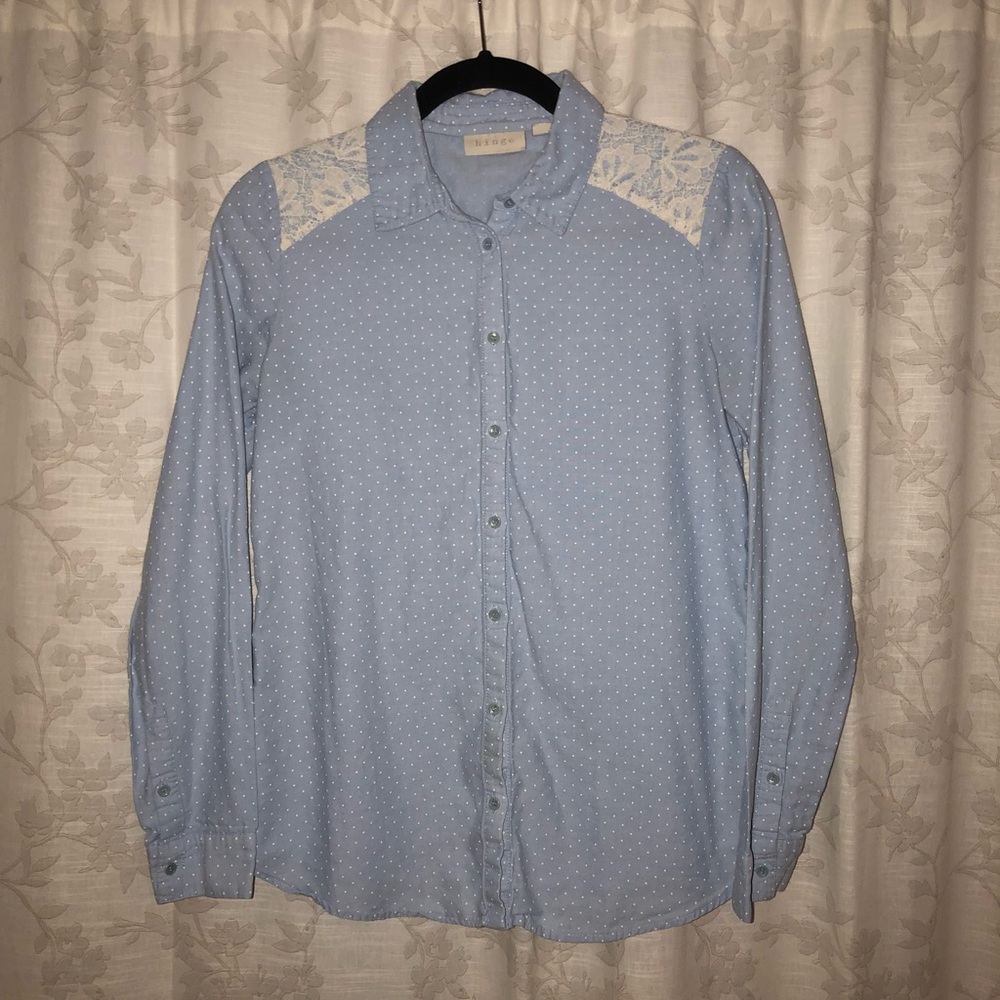Lace Detail Button Down Shirt w/ Polkadots